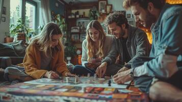 Four Friends Playing Board Game In Cozy Living Room photo