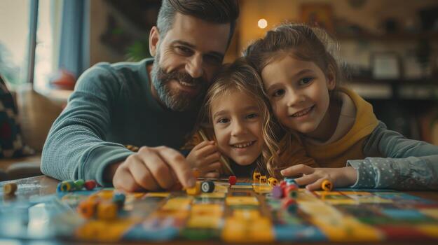 Smiling Father and Daughters Playing Board Game at Home photo