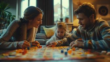 Family Playing Board Game In Living Room During Evening photo