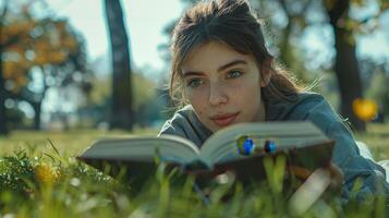 Young Woman Reading Book in Park on Sunny Day photo