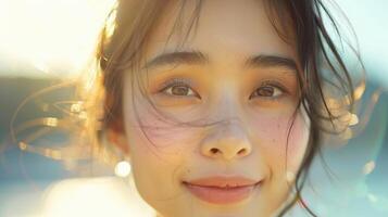 Close Up Portrait of a Young Woman Smiling in the Sun photo