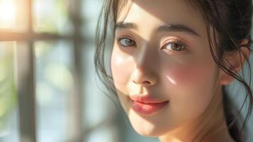 Close Up Portrait of Young Woman With Sunlit Skin and Soft Smile photo