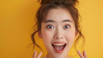 Young Woman With Messy Bun Smiling Against Yellow Background photo