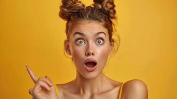 Woman With Blonde Hair in Buns Points Up With Surprised Expression Against a Yellow Background photo