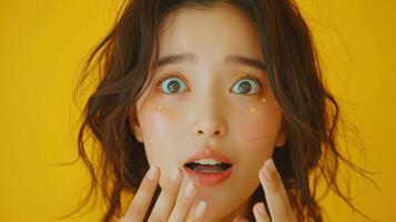 Surprised Young Woman With Glowing Expression Against Bright Yellow Background During Daytime photo