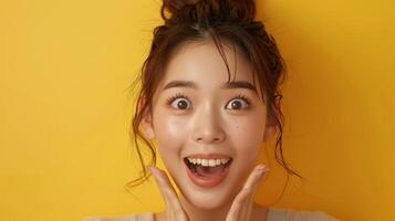 Young Woman With Bun Smiling Against Yellow Background photo