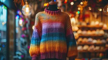 Multicolored Knit Sweater Displayed in a Storefront Window photo