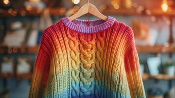 Rainbow Knit Sweater Hanging On Wooden Hanger In A Shop photo