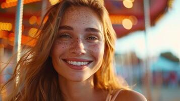 Woman With Freckles Smiling at a Carnival in the Evening photo