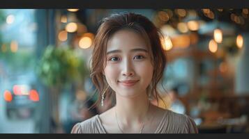 Young Woman Smiling at Camera in a Cafe Setting During the Day photo