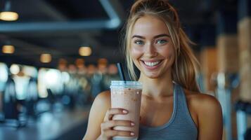Woman in Gym Smiling and Drinking a Protein Shake photo
