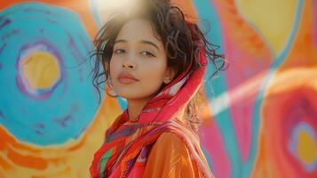 Young Woman Posing In Front Of A Colorful Wall With Sunbeams photo