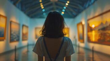 Woman Viewing Artwork in a Gallery Setting at Dusk photo