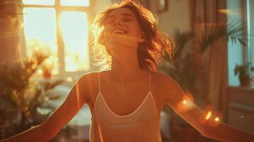 Woman Laughing In The Sunlight By Window photo