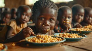 Young African Child Eating Beans in a School Lunch Program photo