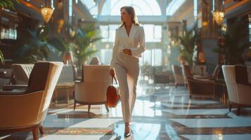 Woman in White Suit Walking Through Luxurious Hotel Lobby During Daytime photo