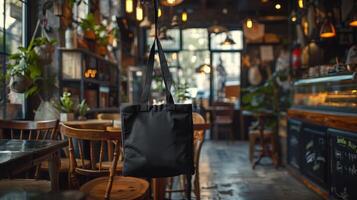 Black Canvas Tote Bag Hanging in Empty Coffee Shop During Daytime photo