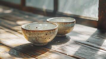 Two Ceramic Bowls Resting on a Wooden Surface in Sunlight photo