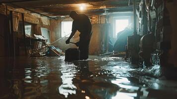 A Silhouetted Man Works in a Flooded Basement photo