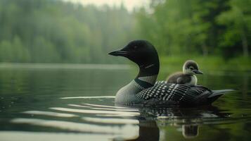 Adult Loon Carrying Chick on Its Back in a Forest Lake photo