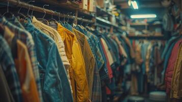 A Row of Clothes Hanging in a Vintage Clothing Store photo