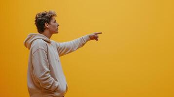 Young Man In A Hooded Sweatshirt Points To The Right In Front Of A Yellow Wall photo