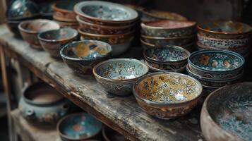 Hand-Painted Ceramic Bowls Displayed on Rustic Shelf photo