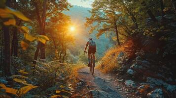Cyclist Riding Through Forested Path at Sunset photo