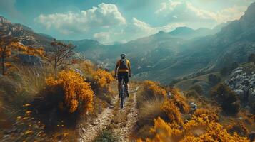 Mountain Biking Through A Sunny Valley on a Dirt Trail photo