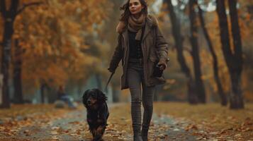 Woman Walks Dog in Autumn Forest photo
