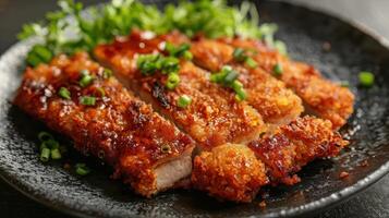 Crispy Breaded Pork Cutlets With Green Onions and Sauce photo