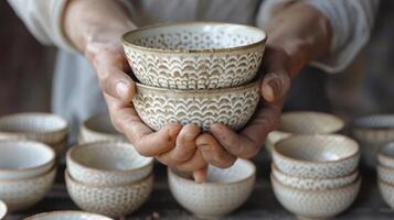 Closeup of Hands Holding Two Stacked Ceramic Bowls With Scalloped Pattern photo