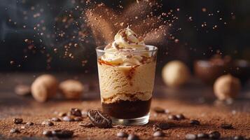 Whipped Cream Dessert With Coffee Beans and Cocoa Powder photo