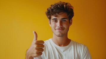 Happy Young Man Giving Thumbs Up In Front Of Yellow Background photo