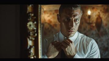 Man Adjusting His Tie in Dimly Lit Room With Mirror Reflection photo