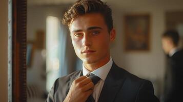 Young Man Adjusting Tie in Front of Mirror in a Well-Lit Room photo