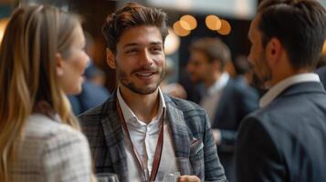 Man in Plaid Jacket Talking to Woman at a Business Networking Event photo