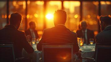 Business Professionals Dining at Sunset in a Modern Restaurant photo