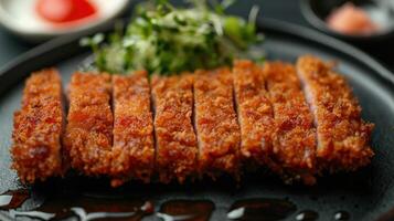 Crispy Fried Pork Cutlets Served on Black Plate With Sauce photo