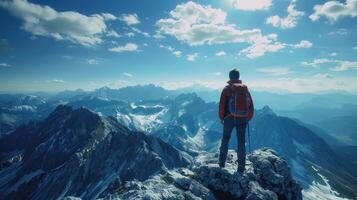 Solo Backpacker Gazing at a Mountain Range on a Sunny Day photo