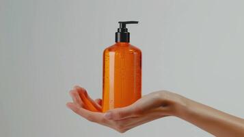 A Hand Holding An Orange Pump Bottle of Liquid Soap photo