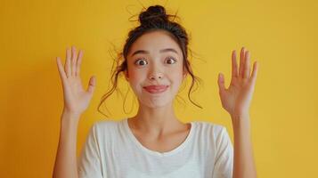 Young Woman With Messy Bun Raises Her Hands in Surprise Against a Yellow Background photo