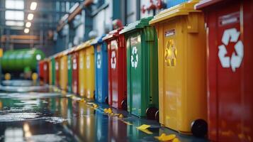 Colorful Recycling Bins Lined Up In A Modern Industrial Setting photo