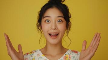 Young Woman With Bun Hairstyle Expresses Surprise In Front Of Yellow Background photo
