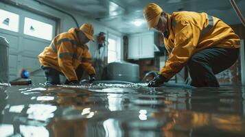 Two Workers Clean Up Water Damage in a Garage photo