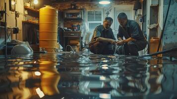 Two Men Assessing Flood Damage in Basement photo