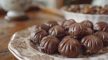 Close-Up of Dark Chocolate Covered Marshmallows on a Floral Plate photo