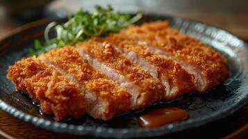 Crispy Breaded Pork Cutlet With Sauce and Greens on a Black Plate photo
