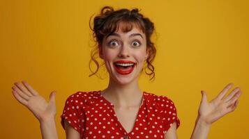 Woman in Red Polka Dot Dress With Open Mouth and Gesturing Hands Against a Yellow Background photo