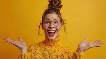 Woman With Bun Smiling With Open Arms Against Yellow Background photo